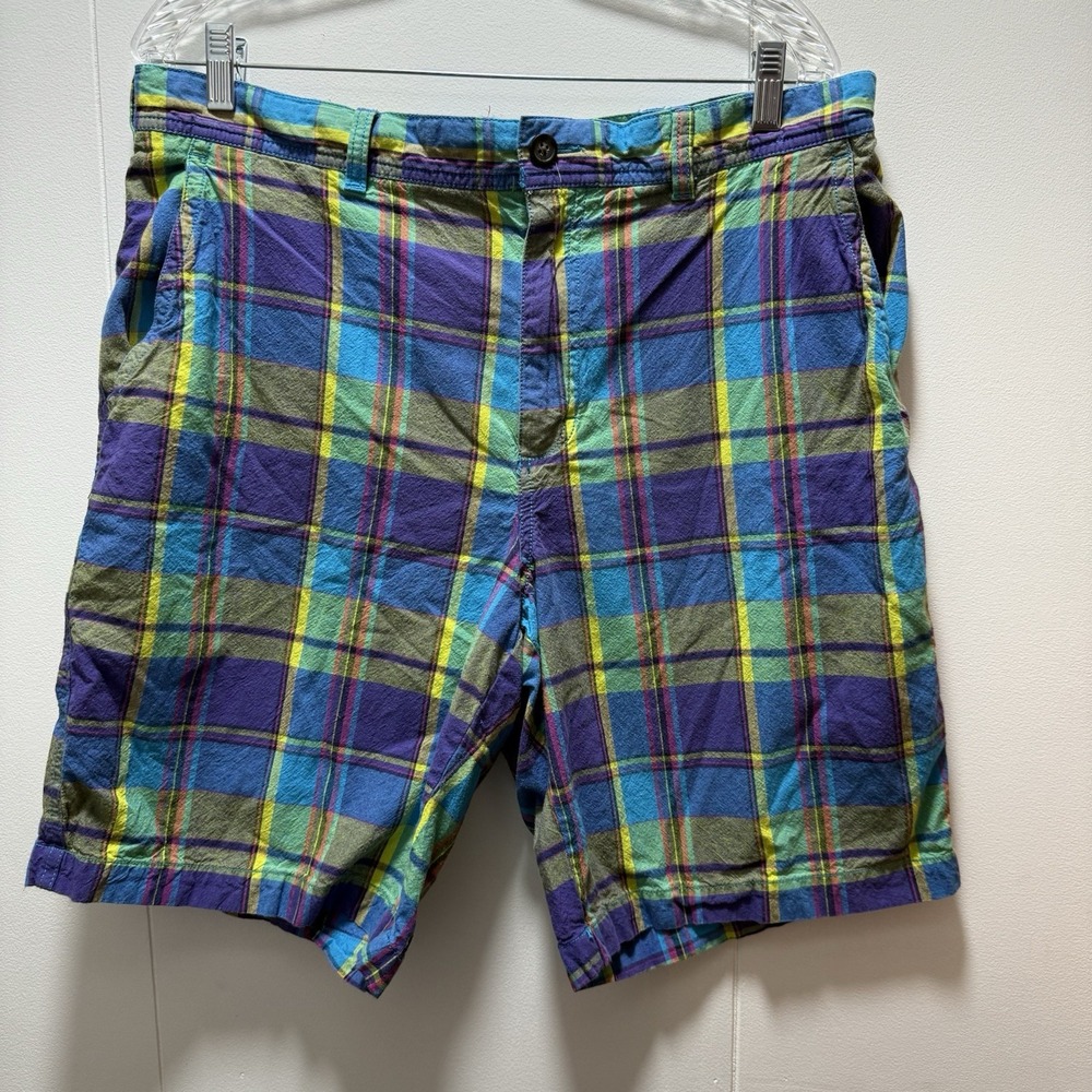 IZOD‎ Mens Size 36 Blue Green Yellow Purple Vibrant Plaid Cotton Golf Shorts